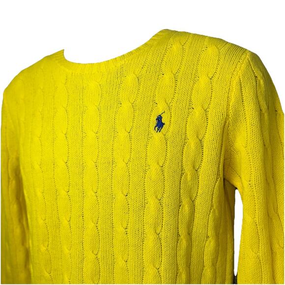 Ralph Lauren Sweater Womens Medium Bright Yellow Wool Cashmere Cable Knit Crew - Picture 3 of 7